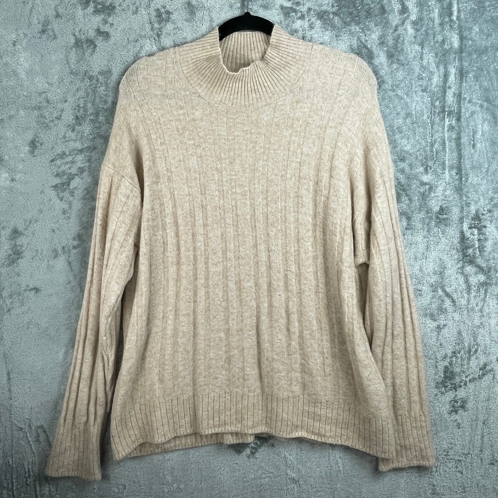 J Crew Sweater Womens XL Tan Beige Ribbed Mockneck Wool Alpaca Blend Soft Jumper